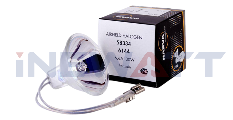 Lámpara halógena de aeródromo Narva 6144 con reflector dicroico de tungsteno.